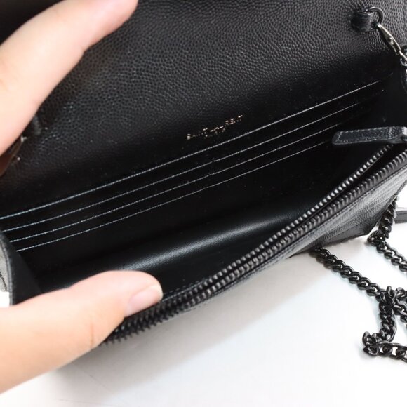 NWT Saint Laurent Cassandre Black Grain de Poudre Leather Envelope Chain Wallet - Picture 10 of 16